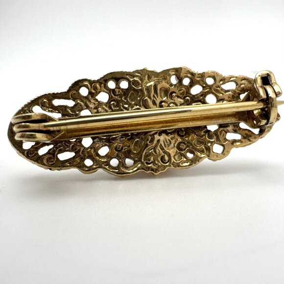 Small Dainty Porcelain Rose Bar Brooch Pin Gold Tone Open Work Floral Design - Picture 6 of 6